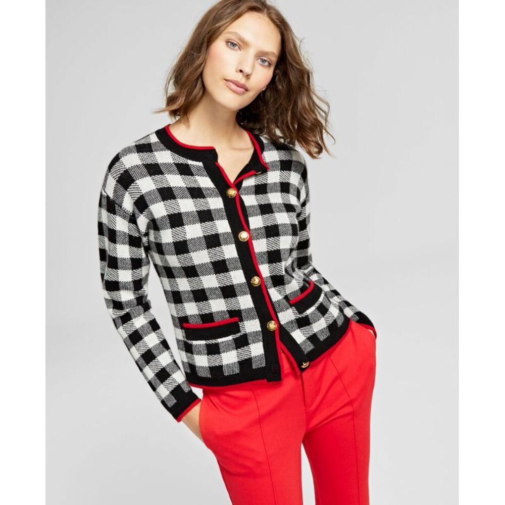 Charter Club Plaid Cashmere Button Front Cardigan